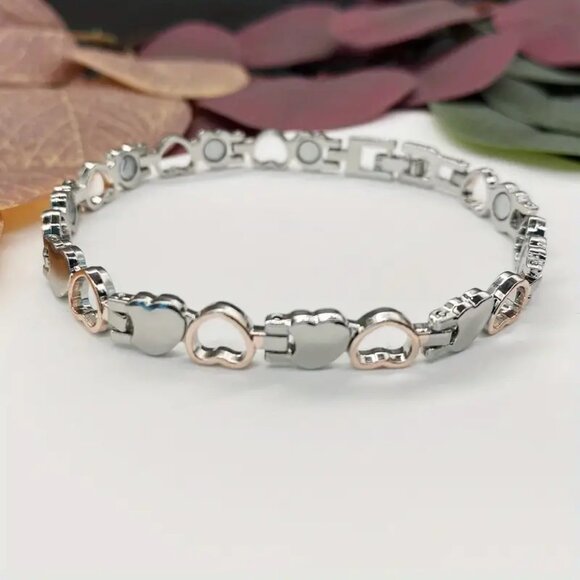 Silver and Rose Gold Heart Bracelet with Magnets for Health Benefits - Picture 1 of 2